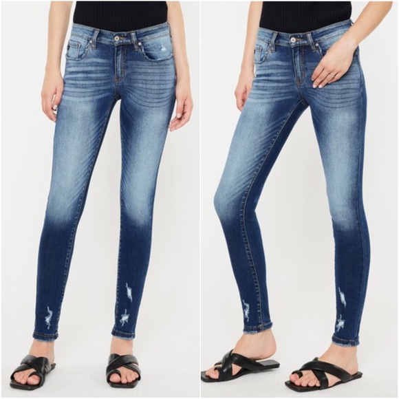 064 KanCan Dark Wash Distressed Skinny Denim Jeans - Picture 1 of 4